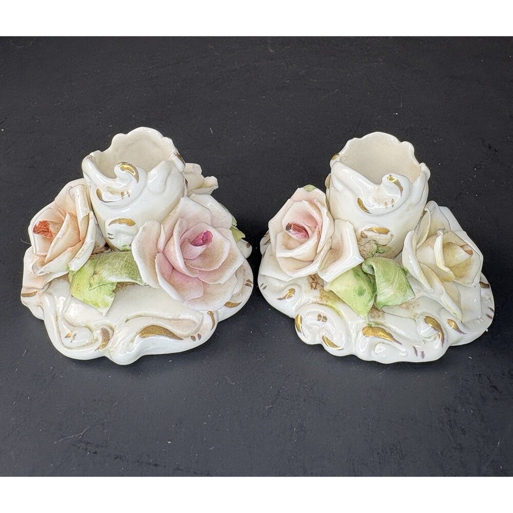Antique Capodimonte Candle Holders Italian Applied Floral 3" • 2 pc • 1890’s